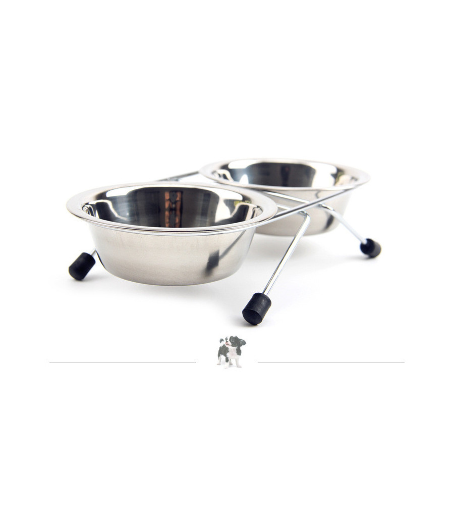 comedor de mascota en acero inoxidable con doble cuenco y soporte antideslizante